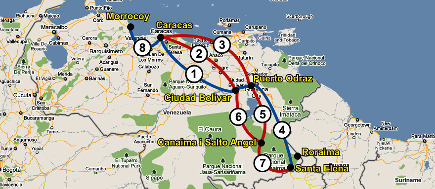Mapa z ramowym planem podróży po Wenezueli